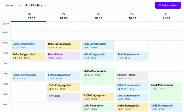 Beispielhafter Praxiskalender mit geplanten Psychotherapiesitzungen.